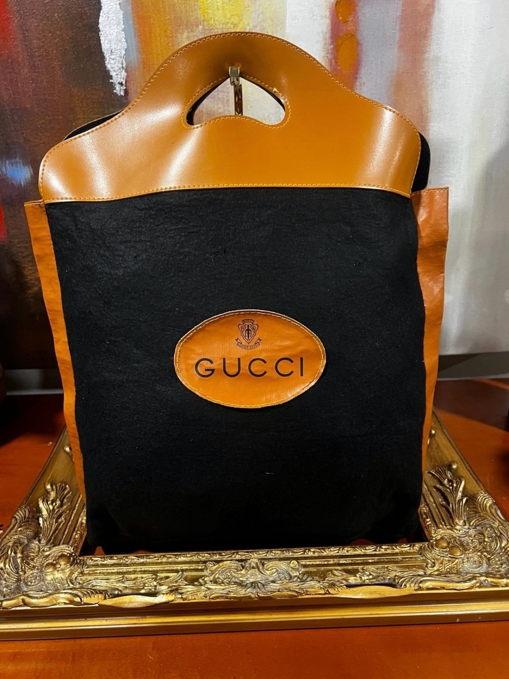 Vintage Gucci 1970s Black Felt Camel Leather Tote Made in Italy
